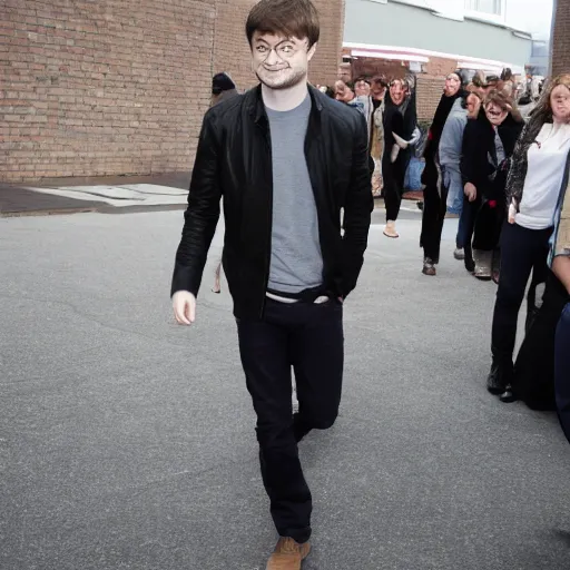 Prompt: hi daniel radcliffe at flare church, waving