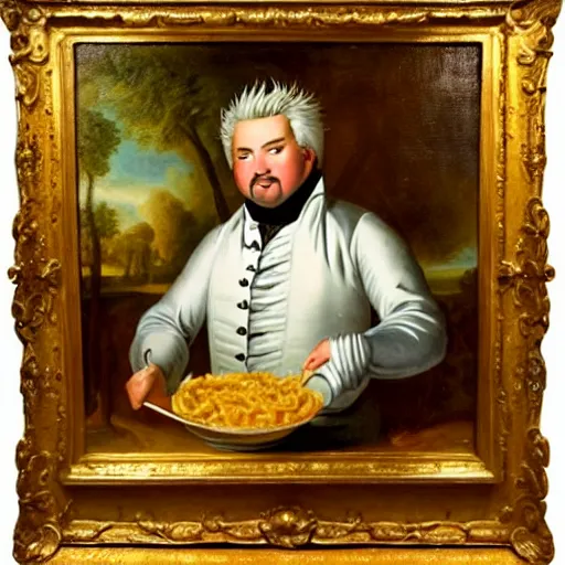 Image similar to an 1 8 th century portrait of guy fieri making a greasy macaroni and cheese sandwich, portrait, royal, oil on canvas