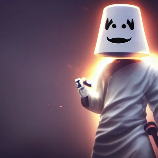 Prompt: a marshmello as palpatine attacking splash art, movie poster, cinematic lighting, detailed face, dramatic, 8 k render in mudbox, shallow depth of field