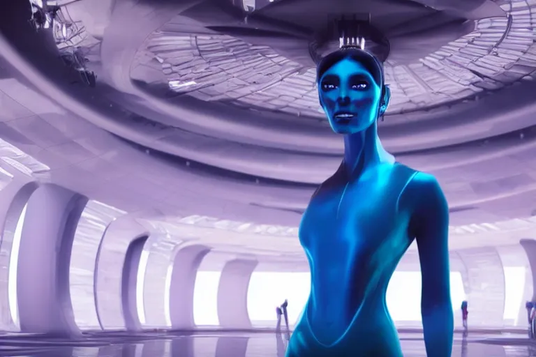 Prompt: vfx movie scene closeup portrait of beautiful blue skin fit alien woman dancing in in yoga pants in sleek futuristic decadent spaceship pillars, alien antenna, futuristic ballroom. big eyes, giant windows view of earth obit. by emmanuel lubezki