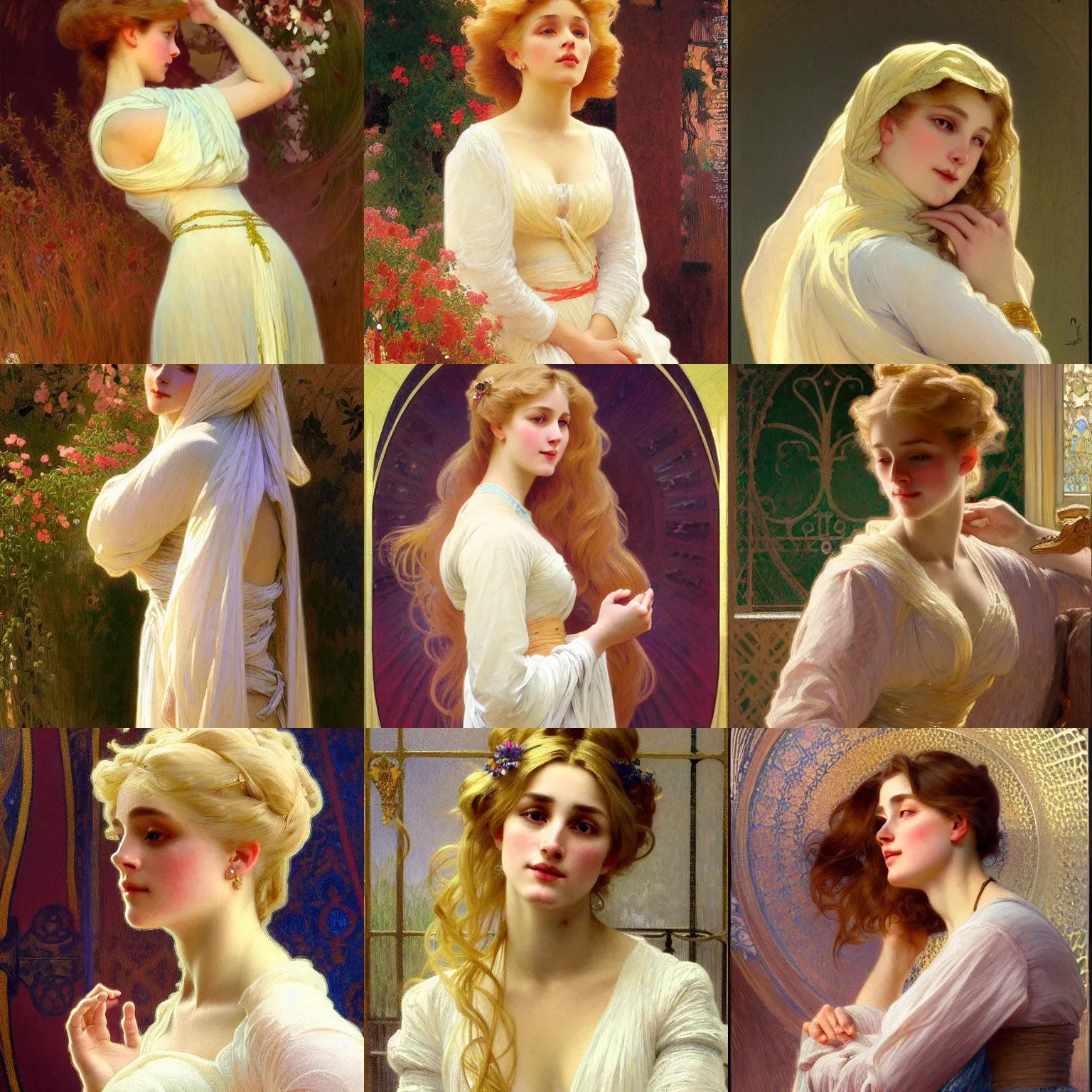 Prompt: painted portrait of a modest wife blessed by god with ever - increasing intelligence beauty and virtue. blonde, well - endowed holy body dressed modestly, light effect. feminine, powerful, in clothes! intricate, elegant, highly detailed, digital painting, artstation, concept art, smooth, sharp focus, illustration, art by gaston bussiere and alphonse mucha