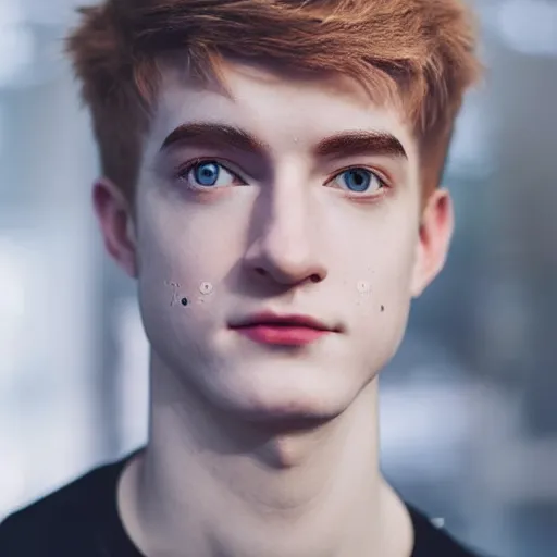 Image similar to “a realistic detailed photo of a guy who is an attractive humanoid who is half robot and half humanoid, who is a male android, twitch streamer Ninja Tyler Blevins, shiny skin, posing like a statue, blank stare, streaming”