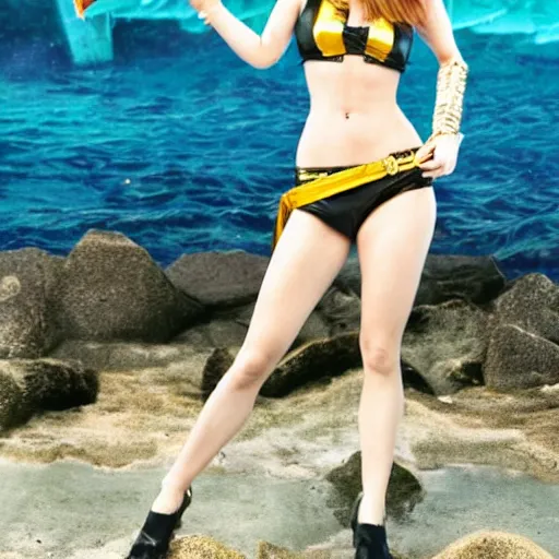 Image similar to a full body photo of emma watson as nami from one piece holding a trident in one hand, award winning photography, 50 mm, perfect faces.