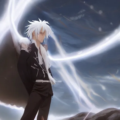 Prompt: a handsome prince, white fringy hair, backlit, incredible lighting, strong rim light, subsurface scattering, photorealistic anime, by Heise Jinyao, Heise-Lian Yan Fang, Feimo, Richard Taddei, epic beautiful landscape, highly detailed, god rays, digital painting, HDRI, by Noah Bradley, vivid colors, high contrast, 8k resolution, intricate, photorealistic