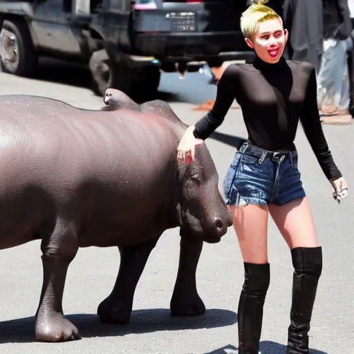 Prompt: Miley Cyrus with a hippo, paparazzi, photography, street, high quality, tmz,