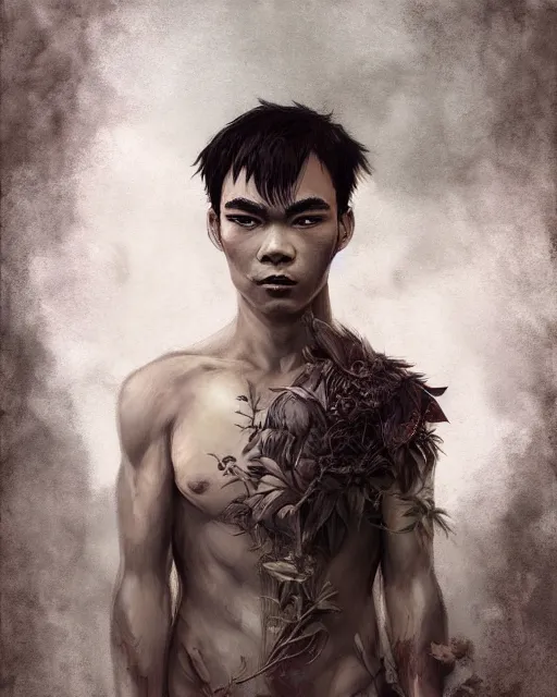 Prompt: Ryan Potter as Puck full body portrait, seductive, sexy, leaves, intricate, digital painting, old english, sepia, whimsical background by marc simonetti, artwork by liam wong