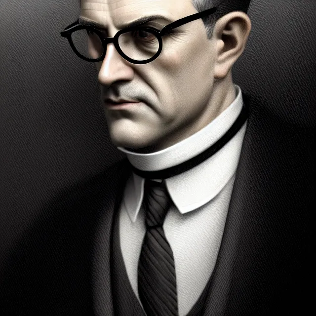 Prompt: portrait of a 1 9 2 5 lawyer, clean shaven, no hat, thin round glasses, dark, brooding, atmospheric lighting, intricate, ultra detailed, well composed, best on artstation, cgsociety, epic, stunning, gorgeous, intricate detail, wow, masterpiece