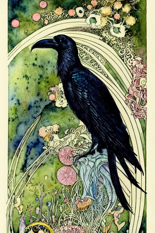 Prompt: single realistic raven in the center of an ornate floral frame, art by kay nielsen and walter crane, illustration style, watercolor