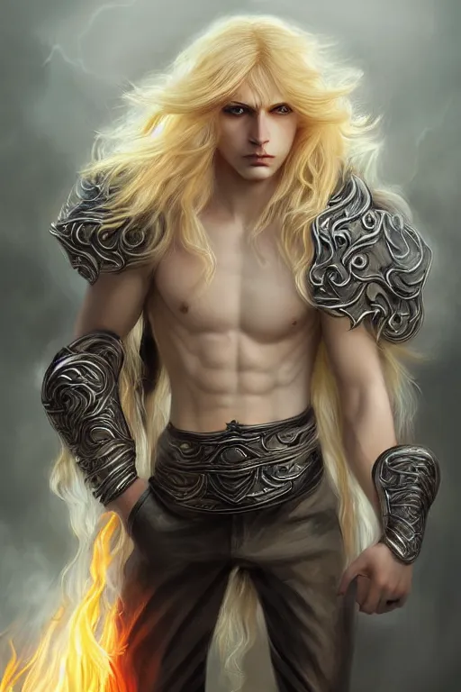 Image similar to digital art of a pale menacing male Angel of Battle with long blond curls of hair and piercing eyes, central composition, he commands the fiery power of resonance and wrath, very very long blond curly hair with bangs!!!, Center parted bangs, fringe, baroque curls, by Ross Tran Rossdraws and WLOP, Artstation, CGsociety