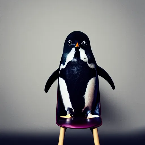 Prompt: A photo of a penguin sitting on a chair while wearing sunglasses at night, photo studio, professional photo, commercial photo, professional lighting, trending in artstation, HDR