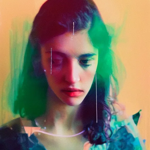 Prompt: A vibrant studio portrait photograph of a beautiful millennial woman by Alessio Albi and Nina Masic, trending on instagram, soft focus, vertical portrait, natural lighting, double exposure, f1.8, 50mm, instax, polaroid, classic chrome, film grain, cinematic lighting
