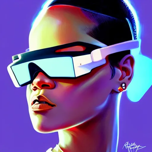 Prompt: Rihanna wearing opaque reflective goggles profile picture by Greg Rutkowski, asymmetrical, futuristic, volumetric lights, streetwear, studio ghibli, Organic Painting , Matte Painting, geometric shapes, hard edges, street art, trending on the artstation, fantasy LUT, realistic by Sachin Teng + Martin Grip + Moebius + Patrick Gleason, smooth, sharp focus, illustration, art by John Collier and Albert Aublet and Krenz Cushart and Artem Demura and Alphonse Mucha, techwear, Industrial Scifi, detailed illustration, character portrait,