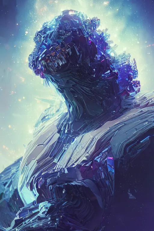 Image similar to A fancy portrait of a crystalized beast by Greg Rutkowski, beeple, Sung Choi, Mitchell Mohrhauser, Maciej Kuciara, Johnson Ting, Maxim Verehin, Peter Konig, final fantasy, macro lens, 35mm, 8k photorealistic, cinematic lighting, HD, high details, dramatic, dark atmosphere, trending on artstation