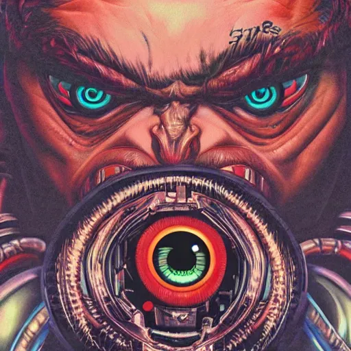 Image similar to portrait closeup of crazy screaming cyber post malone with red robotic eyes, symmetrical, by yoichi hatakenaka, masamune shirow, josan gonzales and dan mumford, ayami kojima, takato yamamoto, barclay shaw, karol bak, yukito kishiro