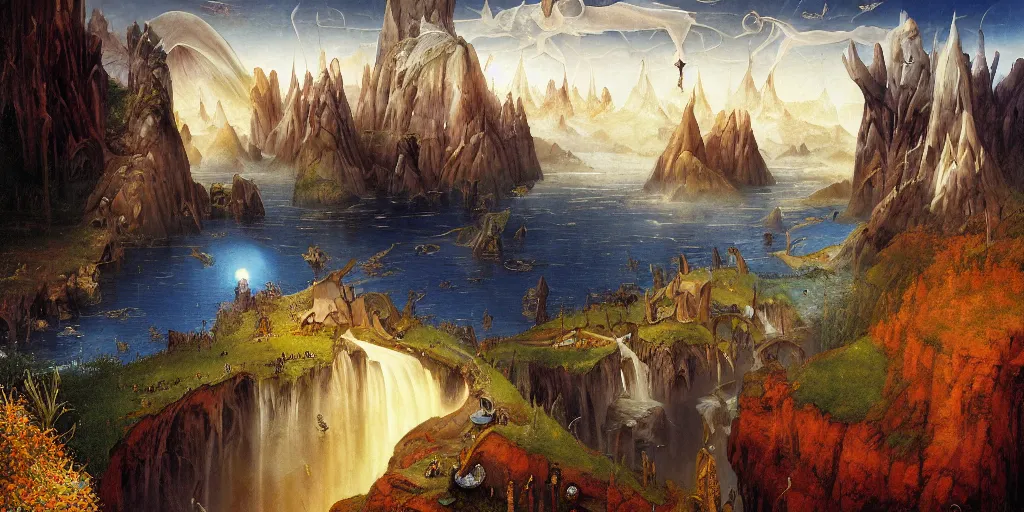 Prompt: beautiful Veduta painting gothic painting of a beatiful scenic mountain range surrounded by bright Ultramarine diamonds, by Esao Andrews and Peter Gric and Hieronymus Bosch and De Es Schwertzberger