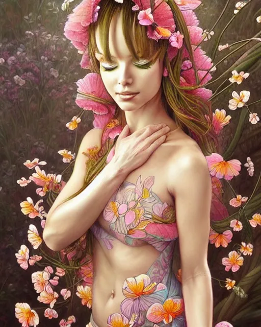 Image similar to a painting of a beautiful 🌸🌼💮, an ultrafine detailed painting, by mark brooks, centered full body, featured on deviantart, fantasy art, detailed painting, deviantart, anime