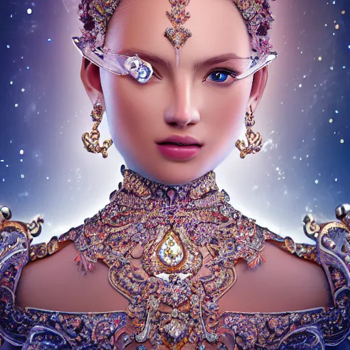 Prompt: portrait of pretty princess with perfect skin, beauty, glowing, ornate and intricate diamond jewelry, jaw dropping, ornate and intricate backdrop, white accent lighting, hyper detailed, 4 k octane render