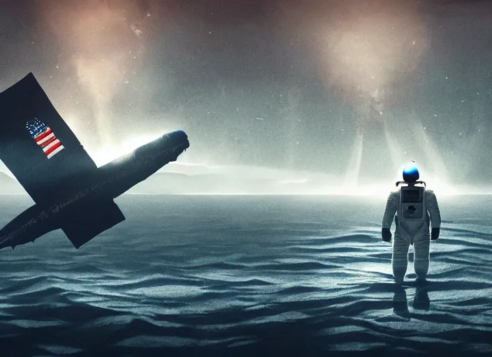 Image similar to astronaut holding a flag in an underwater desert. a submarine is visible in the distance. dark, concept art, cinematic, dramatic, atmospheric, 8 k, trending on artstation, blue, fish, low visibility, fog, ocean floor, christopher nolan, interstellar