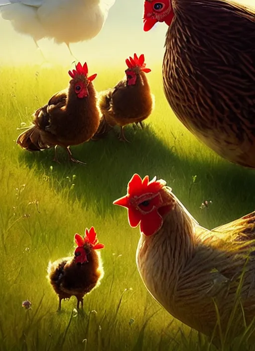 Prompt: a hen and her two chicks on a meadow, happy movie poster by nuri iyem, james gurney, james jean, greg rutkowski, anato finnstark. pixar. hyper detailed, 5 0 mm, award winning photography, perfect faces