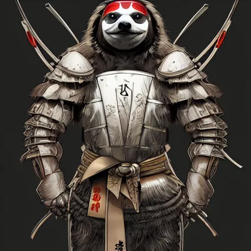 Image similar to graphic, hyperreal illustration of anthropomorphic sloth in traditional samurai armor : : digital art, concept art, character development : : illustrated by artgerm, yoji shinkawa, scott buoncristiano, nychos