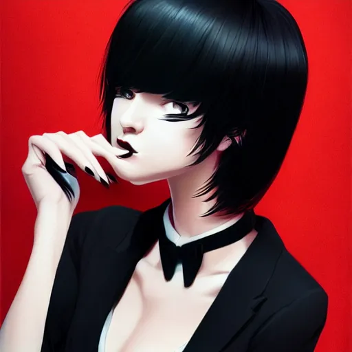 Image similar to slim killer girl in tuxedo with black bob hair, elegant, 2d, ultra highly detailed, digital painting, smooth, sharp focus, artstation, art by Ilya Kuvshinov