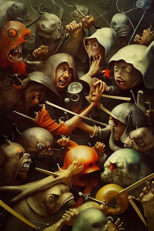 Image similar to hieronymus bosch, greg rutkowski, anna podedworna, painting of a twitch moderators fighting over who is more pathetic