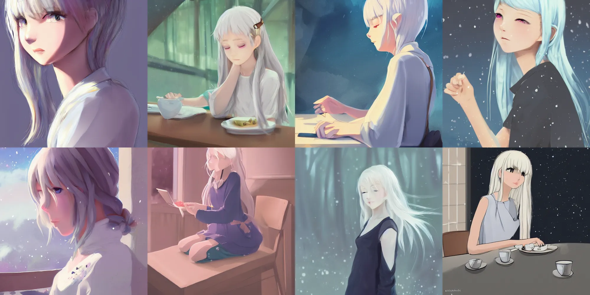 Prompt: the girl's hair was white like snow, but her face was warm and gentle. she wore a dress a top her petite body. she has her hand on the table as she gazed at me with a soft smile on her face, digital art, illustration, trending on artstation, inspired by makoto shinkai and ilya kushinov
