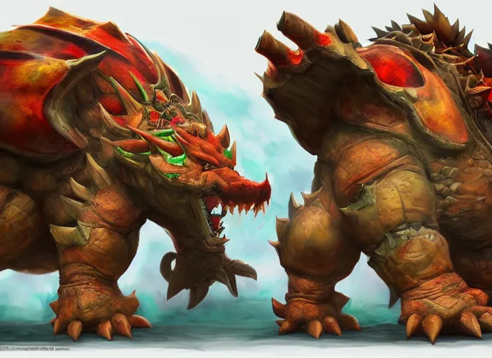 Image similar to detailed concept art of a huge giant bowser by cheng yi and luolin, game art, aartstation, artstationhd, detailed scales, bowser, bowser nintendo, koopa ( ( mario ) ) bcy. net, realistic.