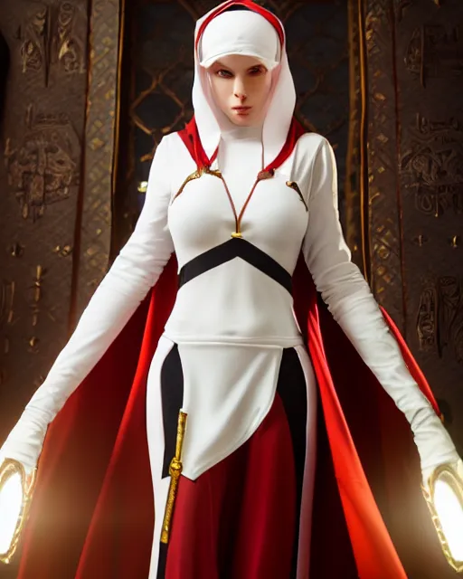 Prompt: red - haired final fantasy white marble egyptian nun, warframe armor, regal, attractive, ornate, sultry, sexy, beautiful, charleze theron, pretty face, green eyes, scifi platform, 4 k, ultra realistic, epic lighting, illuminated, cinematic, black gold, art by alexandra petruk, voidstar