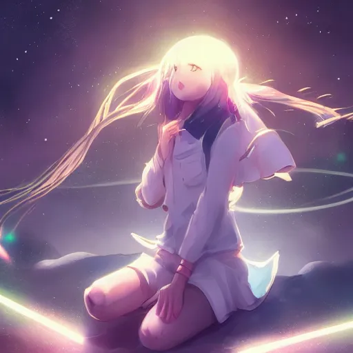 Prompt: anime, full body, bunny girl, a cute female reach out to camera, shooting star in background, long wavy hair, light and shadow effects, highly detailed, digital painting, art station, sharp focus, high quality, frontal view, illustration, concept art, wlop