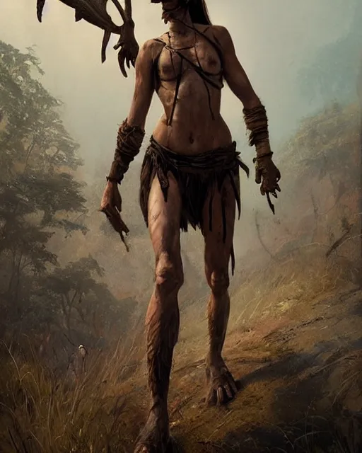 Prompt: hyper realistic photo of prehistoric hunter girl on a dino full body, cinematic, artstation, cgsociety, greg rutkowski, james gurney, mignola, craig mullins, jean baptiste monge, brom