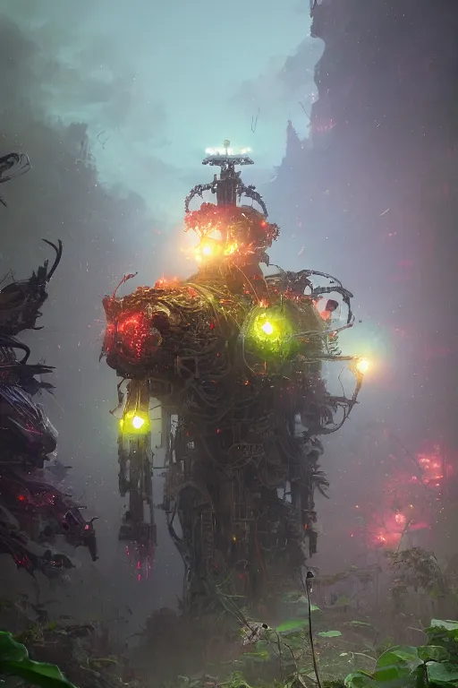 Image similar to a portrait of a giant colorful robot in plants by greg rutkowski, sung choi, mitchell mohrhauser, maciej kuciara, johnson ting, maxim verehin, peter konig, bloodborne, 8 k photorealistic, cinematic lighting, hd, high details, dramatic, dark atmosphere, trending on artstation