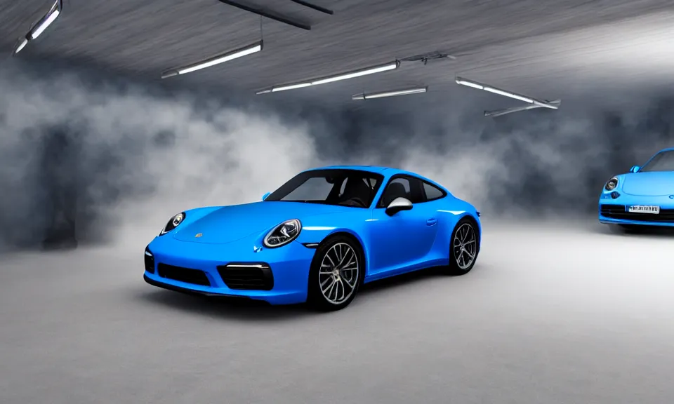 Image similar to photo of a blue porsche 911 standing in a garage, centered, mist, volumetric light, cinematic lighting, octane render, 4k