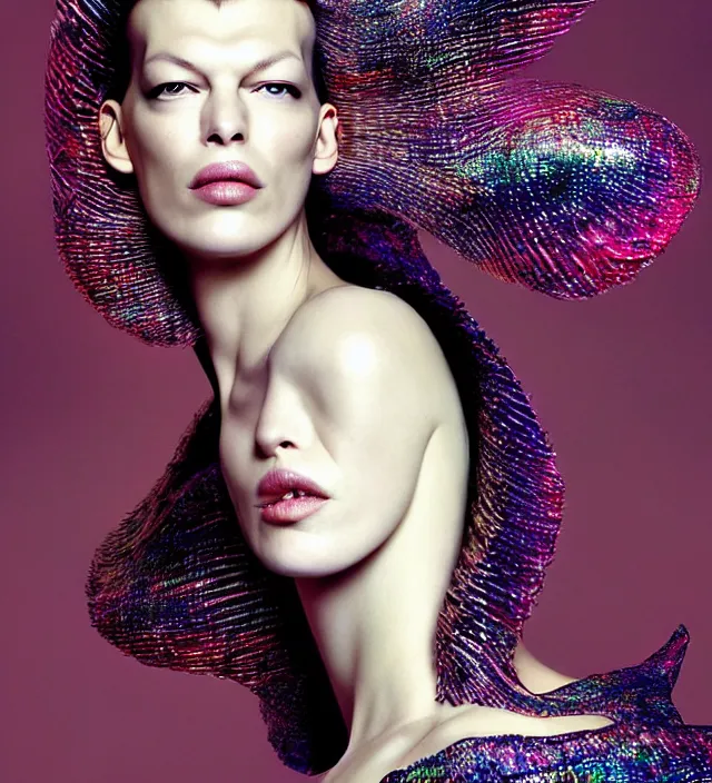 Prompt: photography facial portrait of milla jovovich,, wearing organic futurist clothed designed by iris van herpen, with a subtle colorfull - makeup. sky forest background, natural pose, highly detailed, skin grain detail, photography by paolo roversi, nick knight, helmut newton, avedon, araki