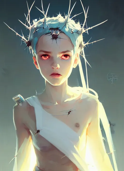 Image similar to portrait of cute angel maiden girl with crown of thorns and white short hairs, warhammer, cyberpunk, by atey ghailan, by greg rutkowski, by greg tocchini, by james gilleard, by joe gb fenton, by kaethe butcher, dynamic lighting, gradient light blue, brown, blonde cream and white color in scheme, grunge aesthetic