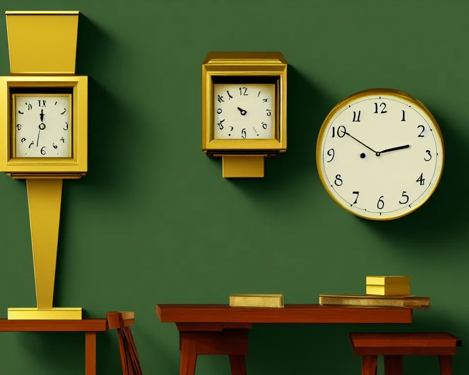 Image similar to an achingly beautiful print of modern gold clocks on a dark green wall by Raphael, Hopper, and Rene Magritte. detailed, romantic, enchanting, trending on artstation.