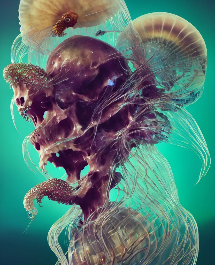 Image similar to goddess close-up portrait animal skull. jellyfish phoenix head, nautilus, orchid, skull, betta fish, bioluminiscent creatures, intricate artwork by Tooth Wu and wlop and beeple. octane render, trending on artstation, greg rutkowski very coherent symmetrical artwork. cinematic, hyper realism, high detail, octane render, 8k