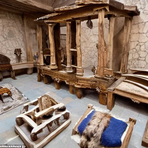 Image similar to group of five objects each with multiple limbs and long fur coats, they create a court yard of a small house