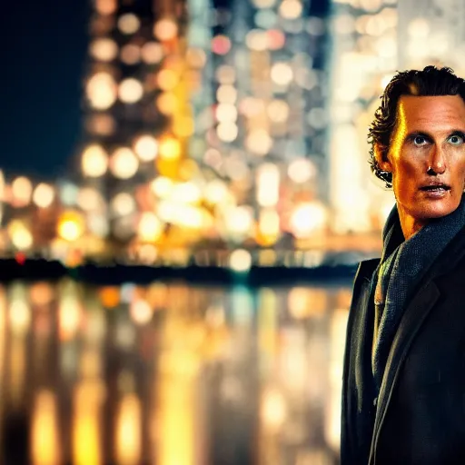 Image similar to a still of matthew mcconaughey . Shallow depth of field. City at night in background, lights, colors ,studio lighting, mood, 4K. Profession photography