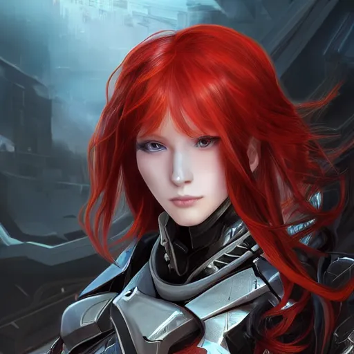 Prompt: red haired girl, warframe armor, beautiful, dreamy, pretty face, blue eyes, portrait, bright light, scifi, utopian architecture in the background, laboratory, 4 k, high definition, ultra realistic, aura of light, cinematic, extreme details, focused, masterpiece, art by akihito tsukushi, akasuki brightmind