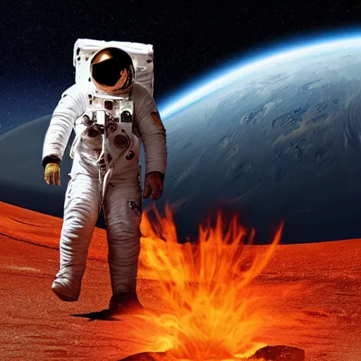 Image similar to an astronaut that’s on fire walking through a dystopian desert