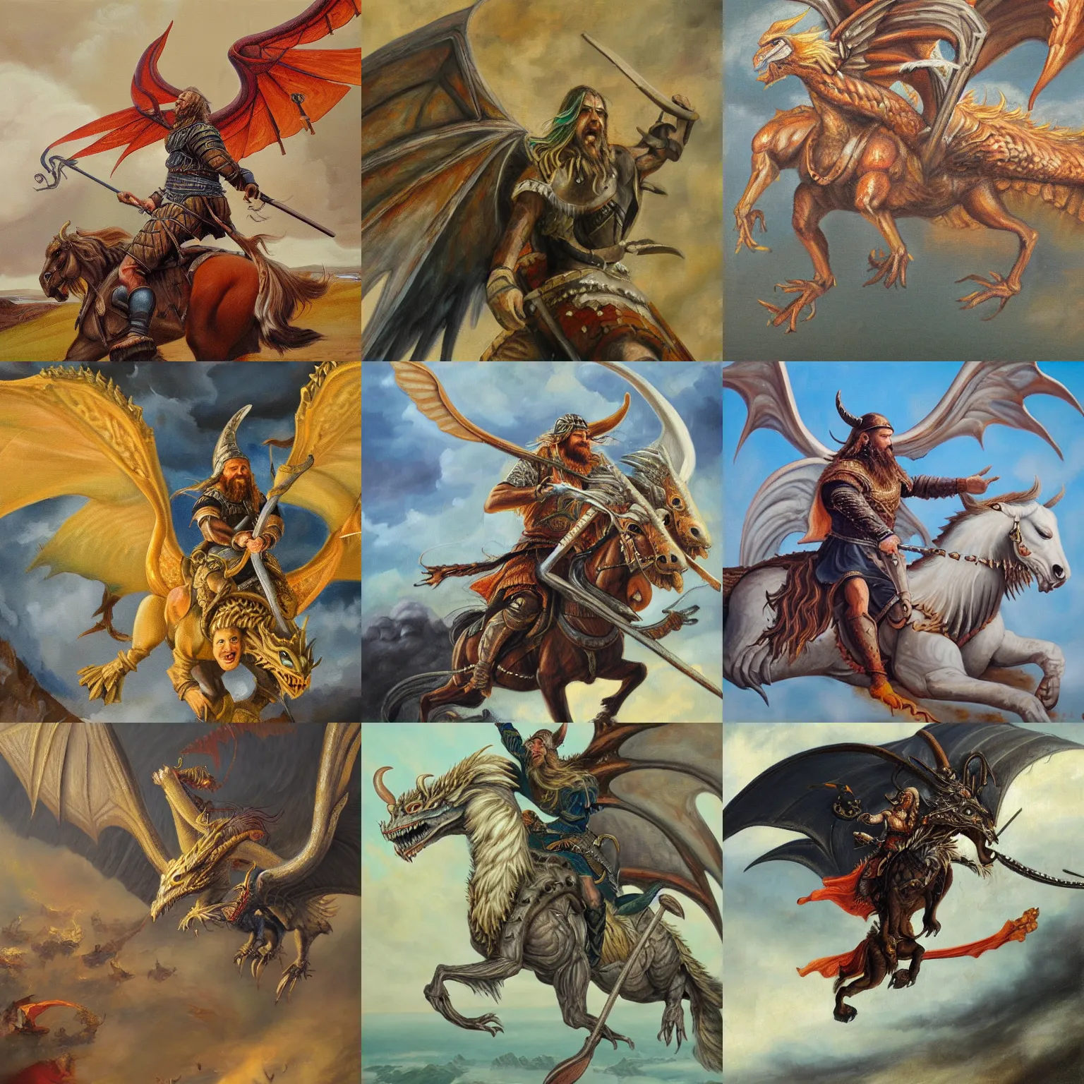 Prompt: detailed oil painting of a viking riding on a winged dragons back