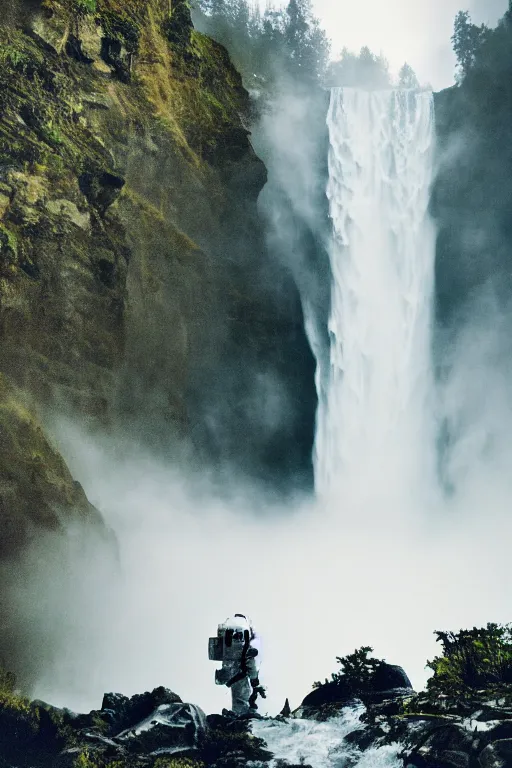 Prompt: photograph of an astronaut standing under a high waterfall, foggy, atmospheric