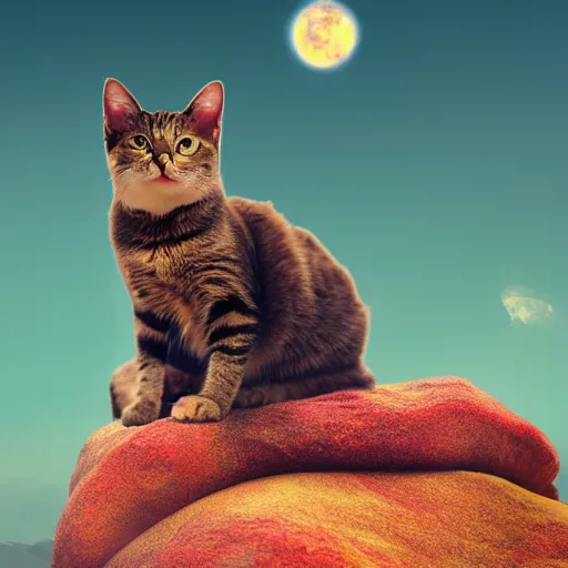 Image similar to cat stranded on an empty planet with colorful nature, 4k