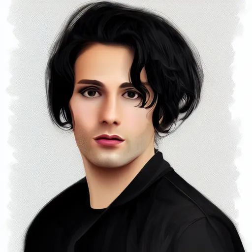 Prompt: a digital portrait of a 27 year old with black hair,hazel green eyes, drawn in the style of mark Arian