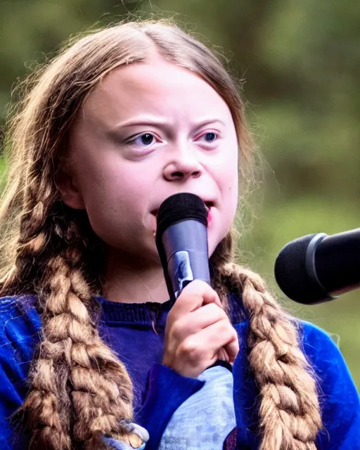 Image similar to film still close - up shot of greta thunberg giving a speech from the movie brokeback mountain. photographic, photography