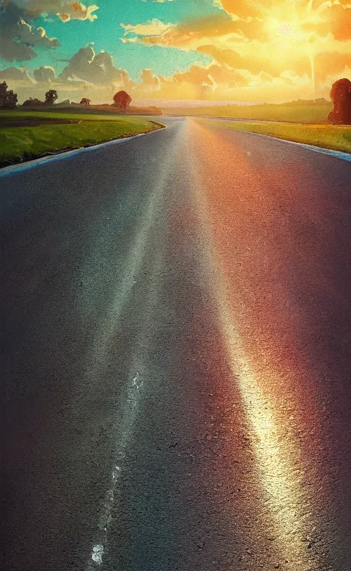 Prompt: paperback book cover. 1 9 5 0 s. pure colors, melting clouds, accurately drawn details, a sunburst above a receding road with the light reflected in furrows and ruts, after rain. photorealistic. octane render. cinematic. trending on artstation.