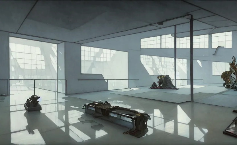 Image similar to painting of a wide angle interior shot of a white concerete brutalist museum with modern contemporary art on the wall with glossy floor by darek zabrocki and greg ruthkowski, alphonse mucha, simon stalenhag and cinematic and blue cold atmospheric, archillect concept art, artstation, trending on artstation