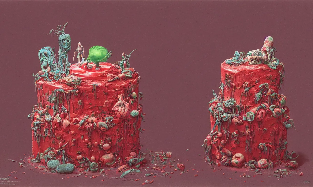 Prompt: a strawberry birthday cake, body horror, by gerard brom, zdzisław beksinski and ansel adams technicolor