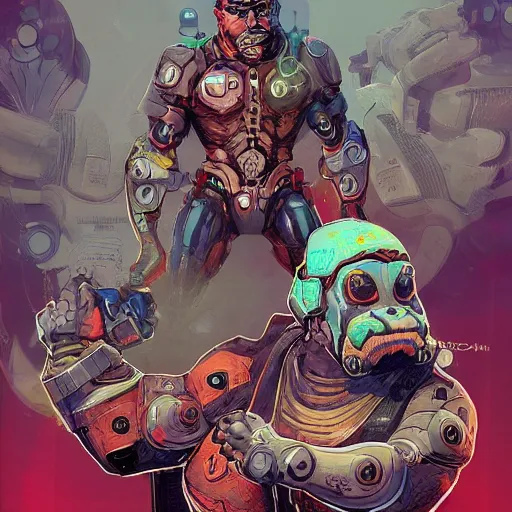 Image similar to cyborg bulldog comic style concept art, elegant, colorful, highly detailed, digital painting, artstation, concept art, illustration